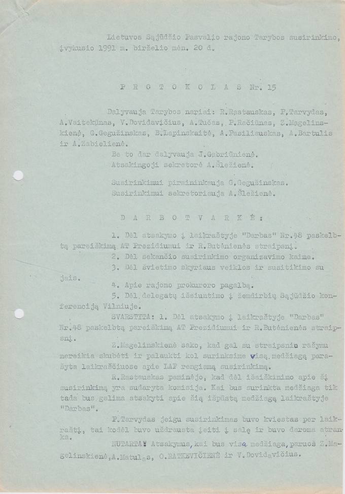 Lietuvos Sajūdžio Pasvalio rajono Tarybos susirinkimo, įvykusio 1991 m. birželio 20 d.,  PROTOKOLAS Nr. 15